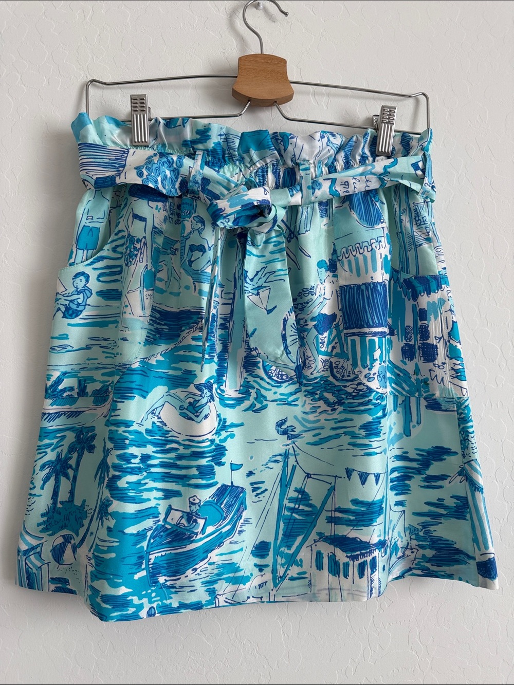 Lilly Pulitzer aquamarine silk skirt Fresh Catch Toile scenic print Sz XS
